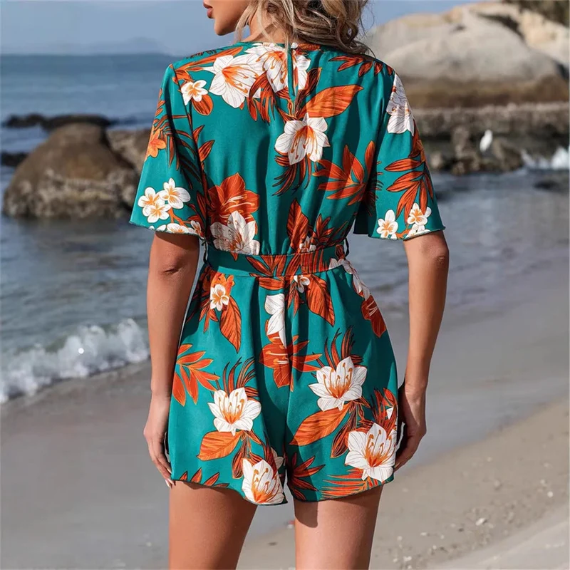 Damen floral gestalteter Wickel-Overall mit lässigem Schnitt Nord Taschen