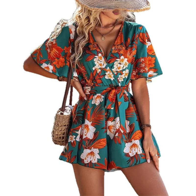 Damen floral gestalteter Wickel-Overall mit lässigem Schnitt Nord Taschen
