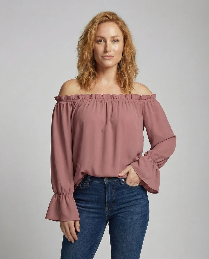 Damen Schulterfreie Rüschenkragen Baumwollmix-Bluse