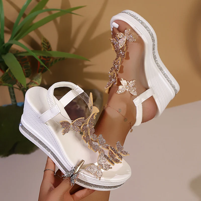 Damen Plateau-Sandalen mit funkelndem Schmetterlingsdesign