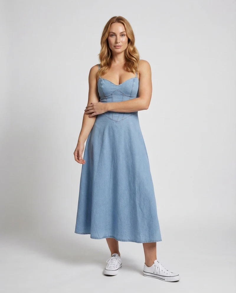 Damen Jeans-Maxikleid Korsettähnliche Nahtführung