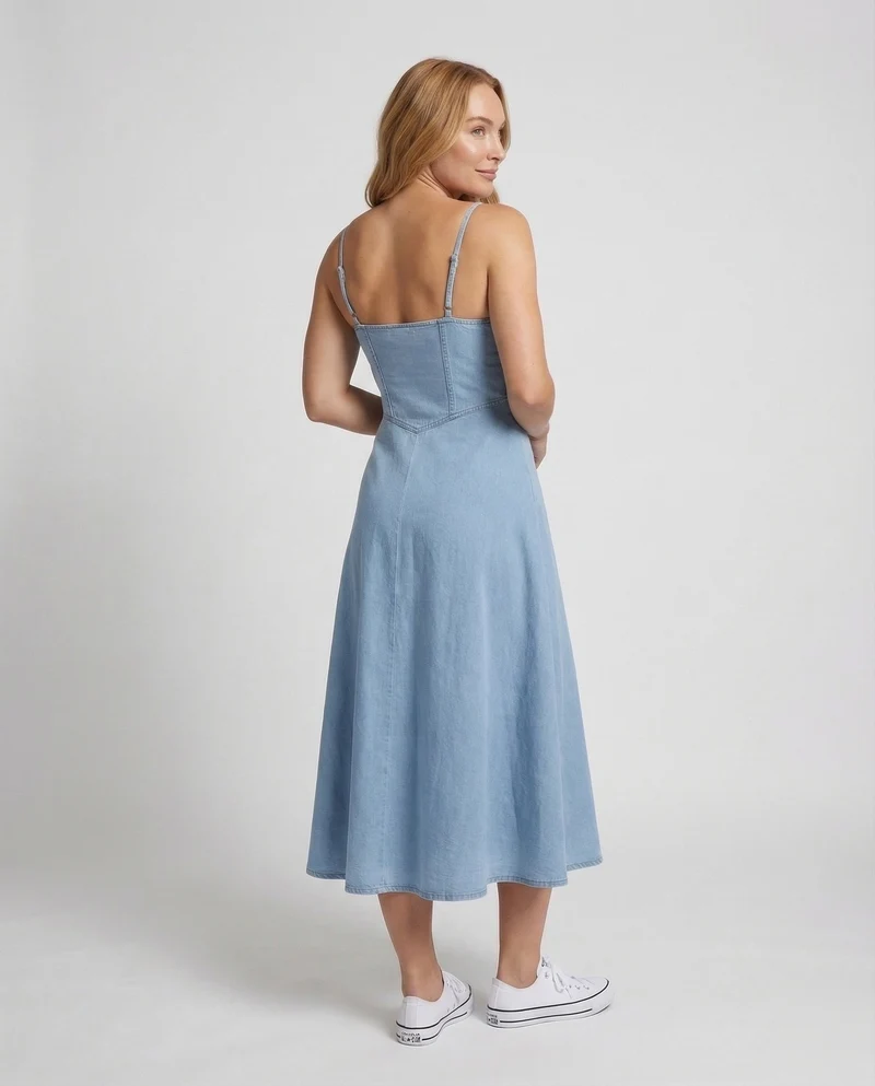 Damen Jeans-Maxikleid Korsettähnliche Nahtführung