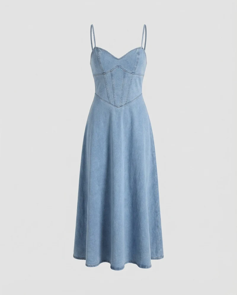 Damen Jeans-Maxikleid Korsettähnliche Nahtführung
