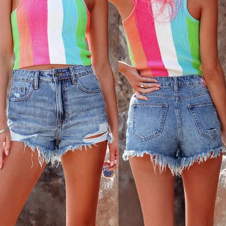 Damen Jeans-Shorts mit fransigen Säumen und stylischen Rissdetails