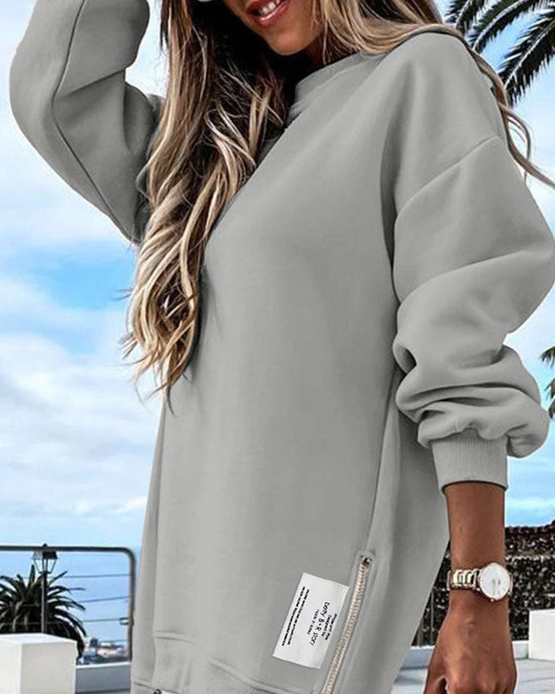 Sweatshirtkleid mit Langen Ärmeln Reißverschluss und Schlitz