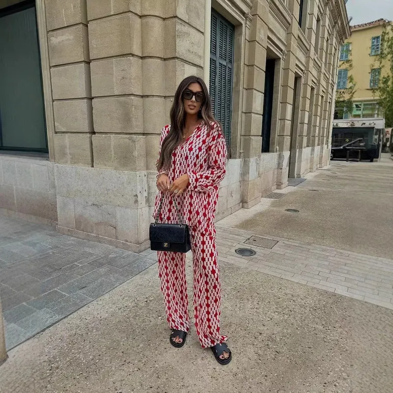 Damen Weite Palazzo-Hose mit modernem geometrischem Muster