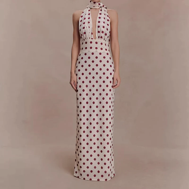 Damen Halter-Maxi-Kleid mit klassischen Punkten Nord Taschen
