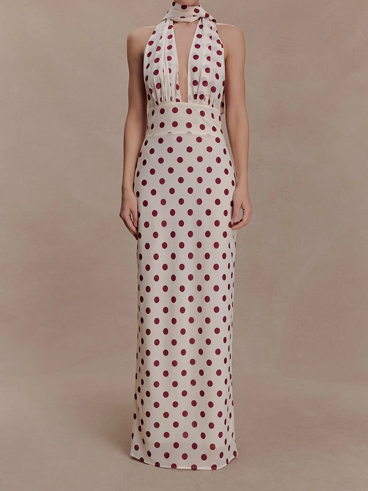 Damen Halter-Maxi-Kleid mit klassischen Punkten Nord Taschen