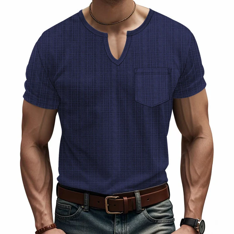 Herren Kurzarm V-Ausschnitt T-Shirt mit Brusttasche