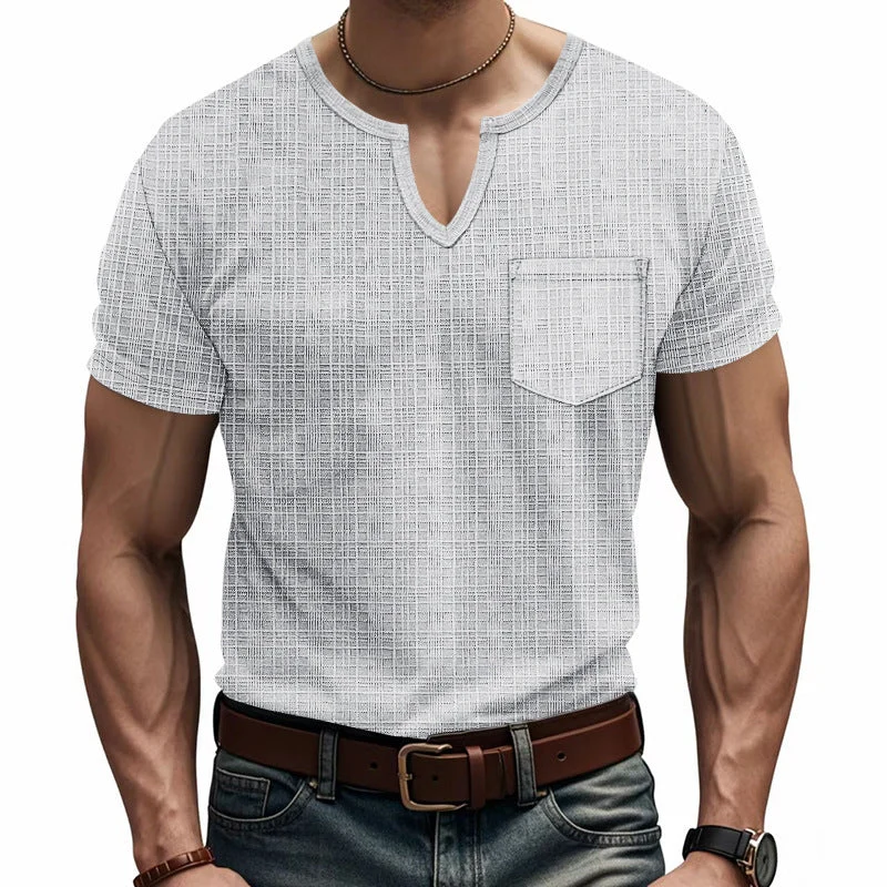 Herren Kurzarm V-Ausschnitt T-Shirt mit Brusttasche