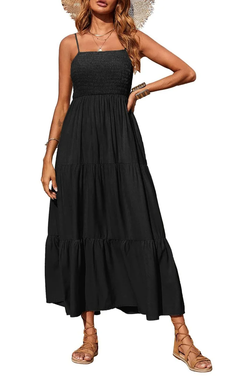 Damen Maxidress mit Spaghettiträgern und Volant-Design