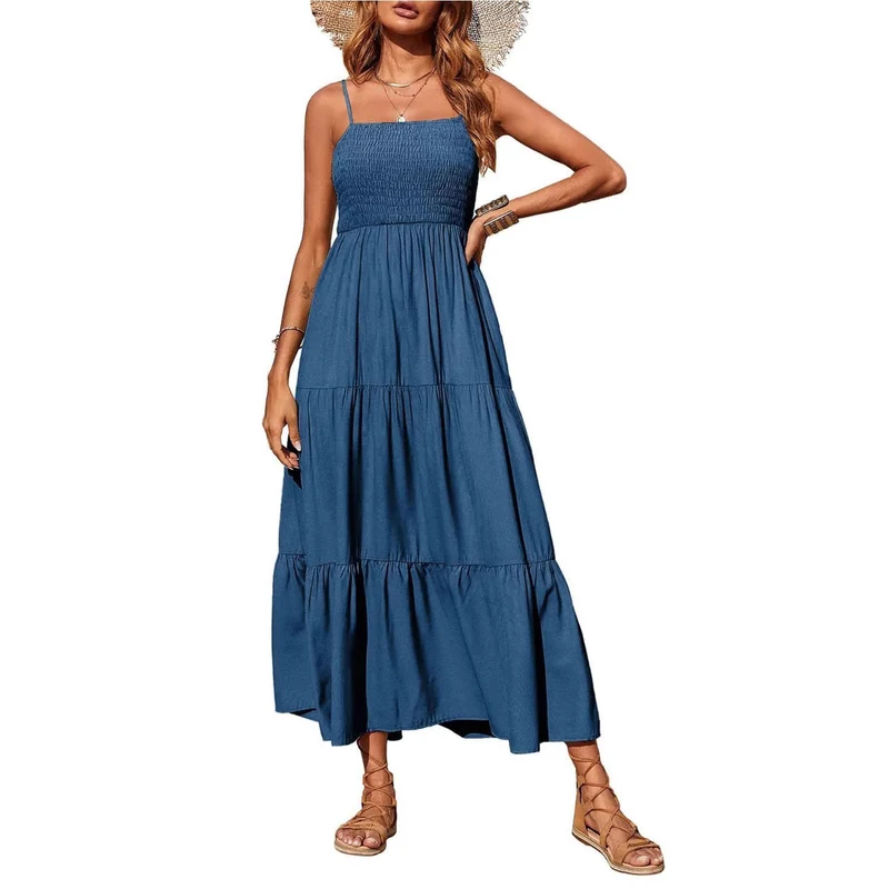Damen Maxidress mit Spaghettiträgern und Volant-Design