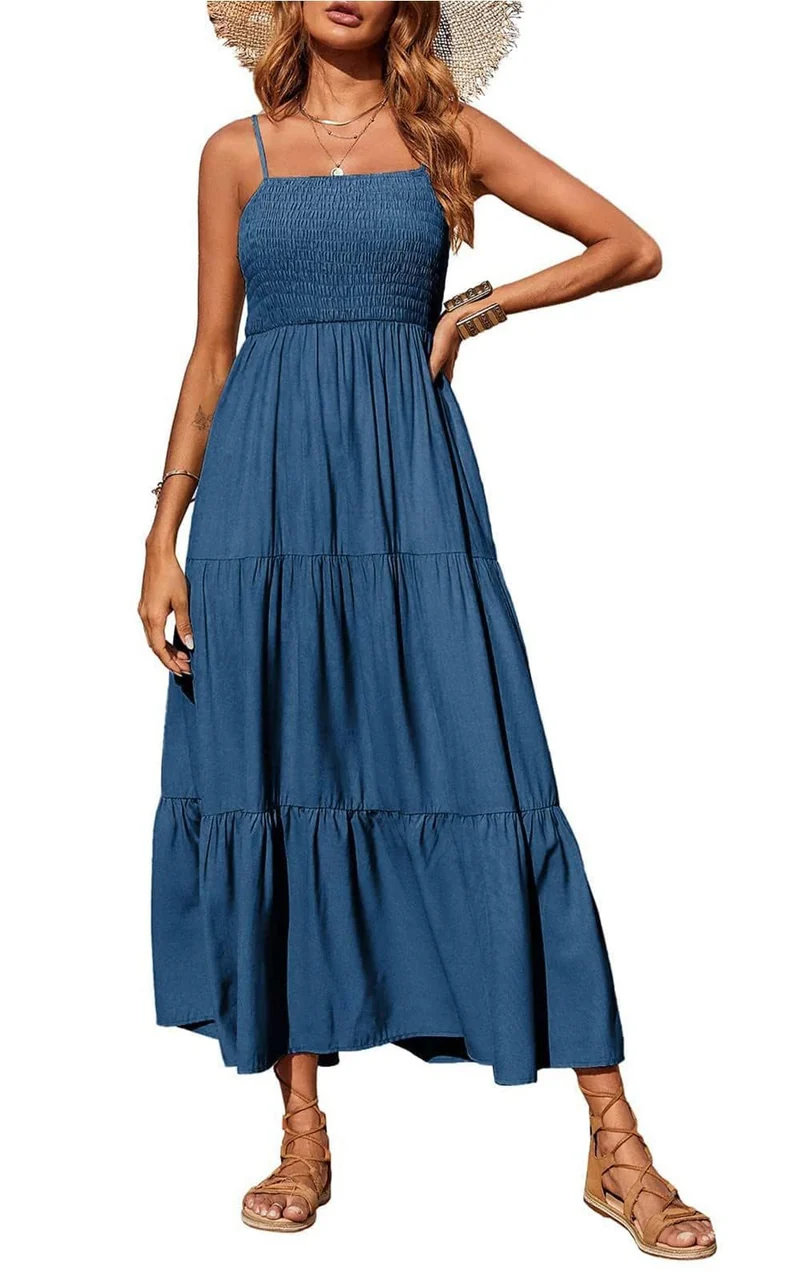 Damen Maxidress mit Spaghettiträgern und Volant-Design