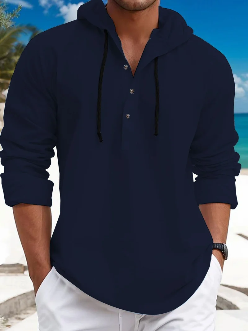Herren lässiges Kapuzenshirt mit Knopfleiste und atmungsaktiver Struktur