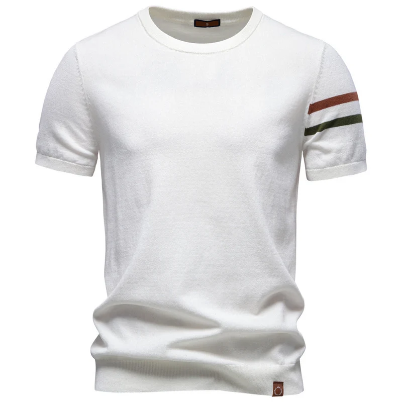 Herren nan feines Baumwollstrickshirt mit Rundhalsausschnitt kurzärmelig und kontrastierenden Ärmelstreifen Nord Taschen