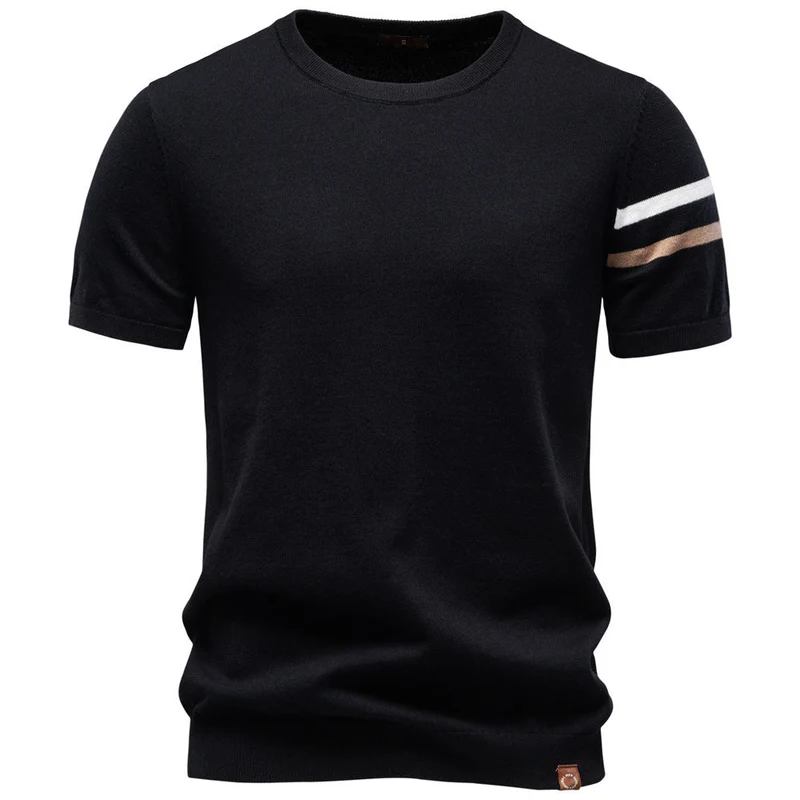 Herren nan feines Baumwollstrickshirt mit Rundhalsausschnitt kurzärmelig und kontrastierenden Ärmelstreifen Nord Taschen