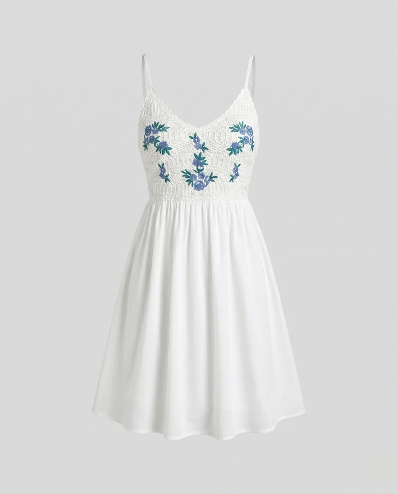 Damen Sommerkleid mit floralem Häkeloberteil