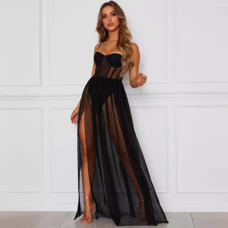 Damen aufregendes Spitzen-Negligé mit verführerischem tiefem V-Ausschnitt und transparenter Silhouette
