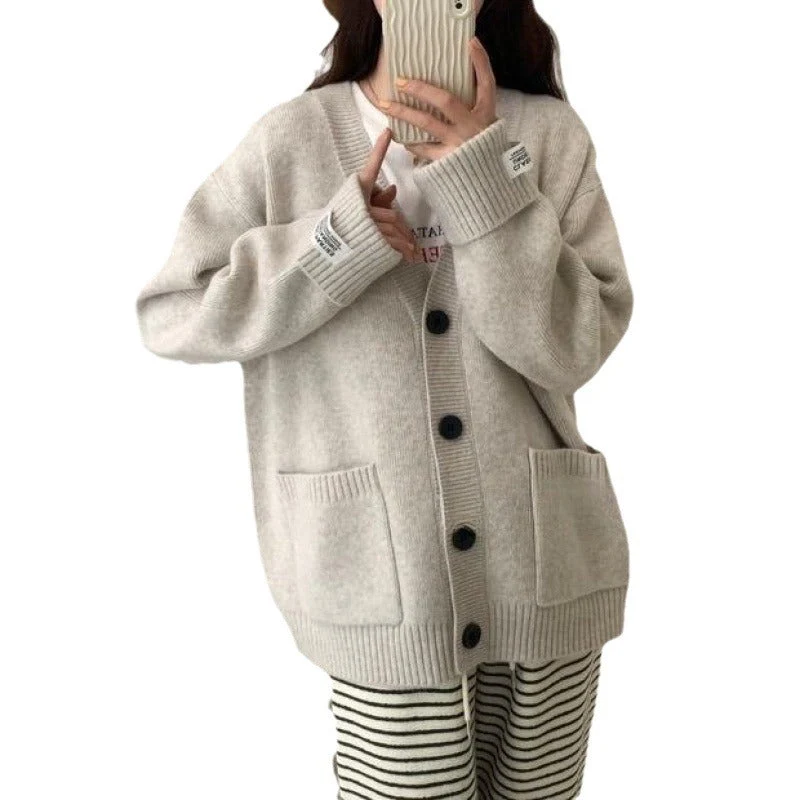Damen Grob gestrickter Cardigan mit großen Taschen und tiefem V-Ausschnitt