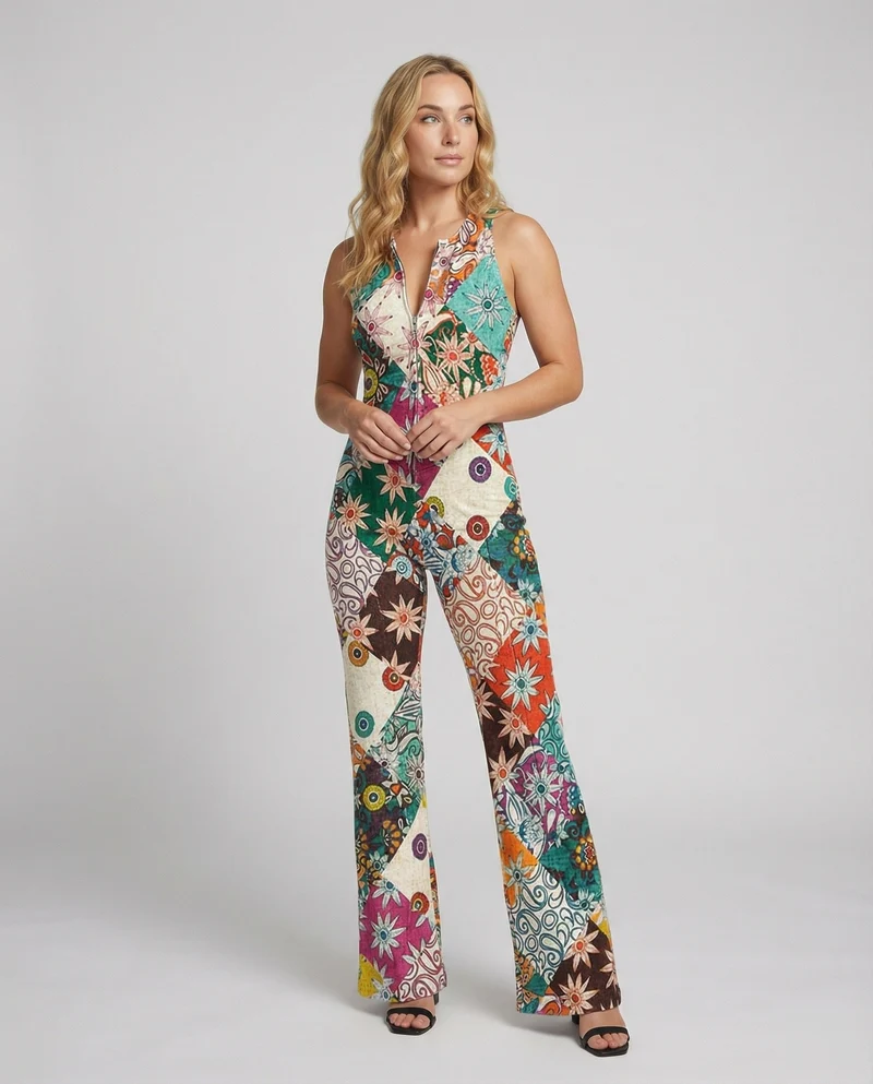 Floral Gespalten Denim Jumpsuit