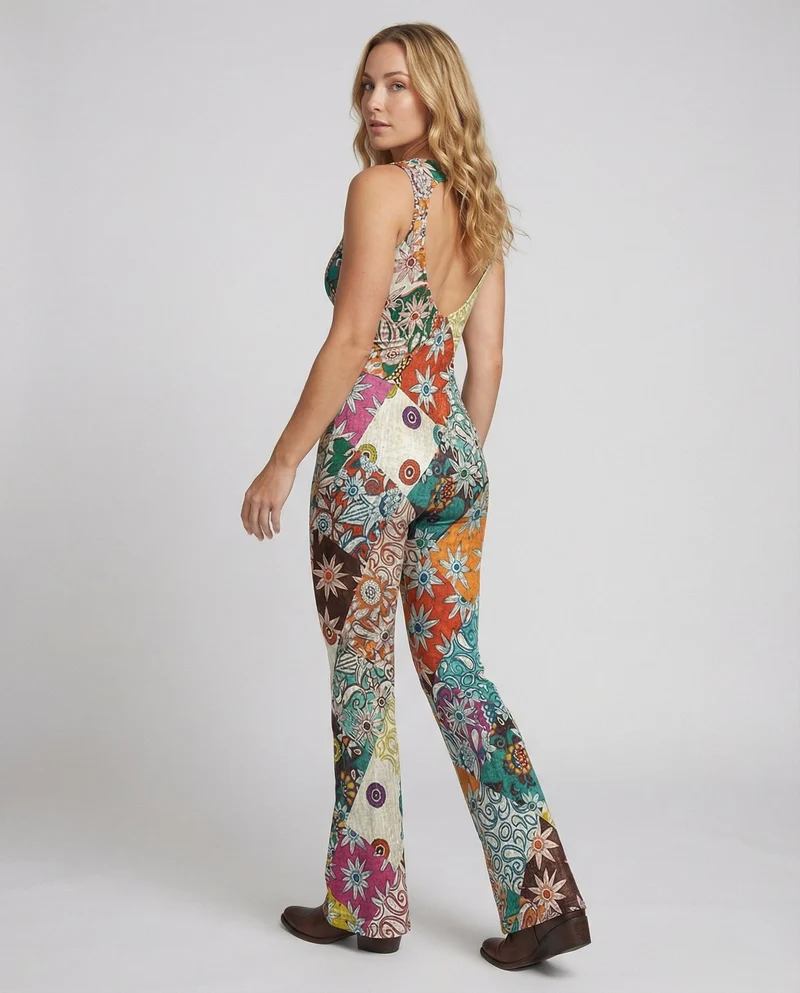 Floral Gespalten Denim Jumpsuit