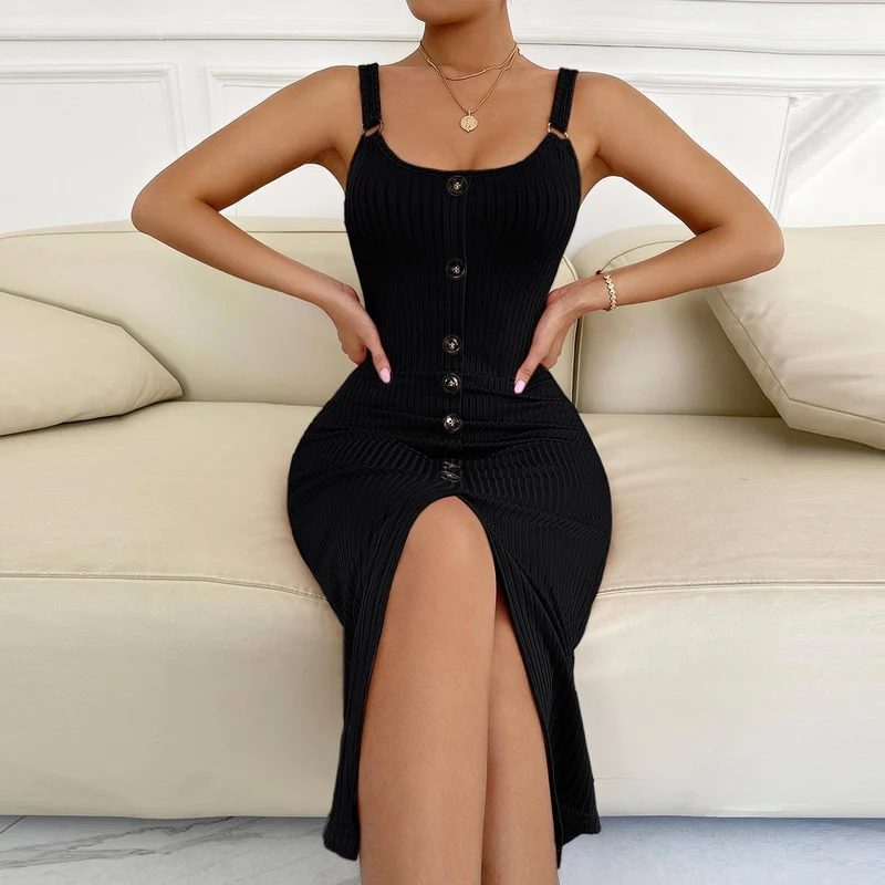 Damen figurbetontes Kleid mit Knopfdetails und hohen Seitenschlitzen Nord Taschen
