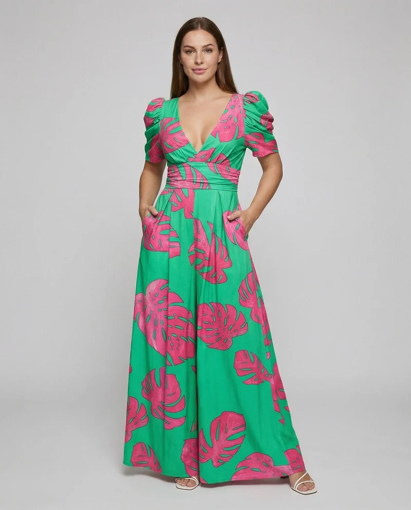 Damen nan Wickel-Maxikleid mit V-Ausschnitt, Puffärmeln, taillierter Drapierung und Eingrifftaschen Nord Taschen