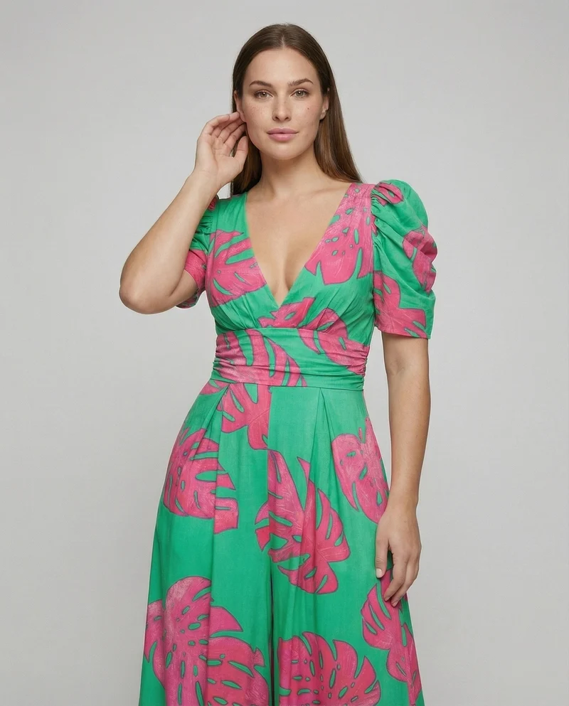 Damen nan Wickel-Maxikleid mit V-Ausschnitt, Puffärmeln, taillierter Drapierung und Eingrifftaschen Nord Taschen