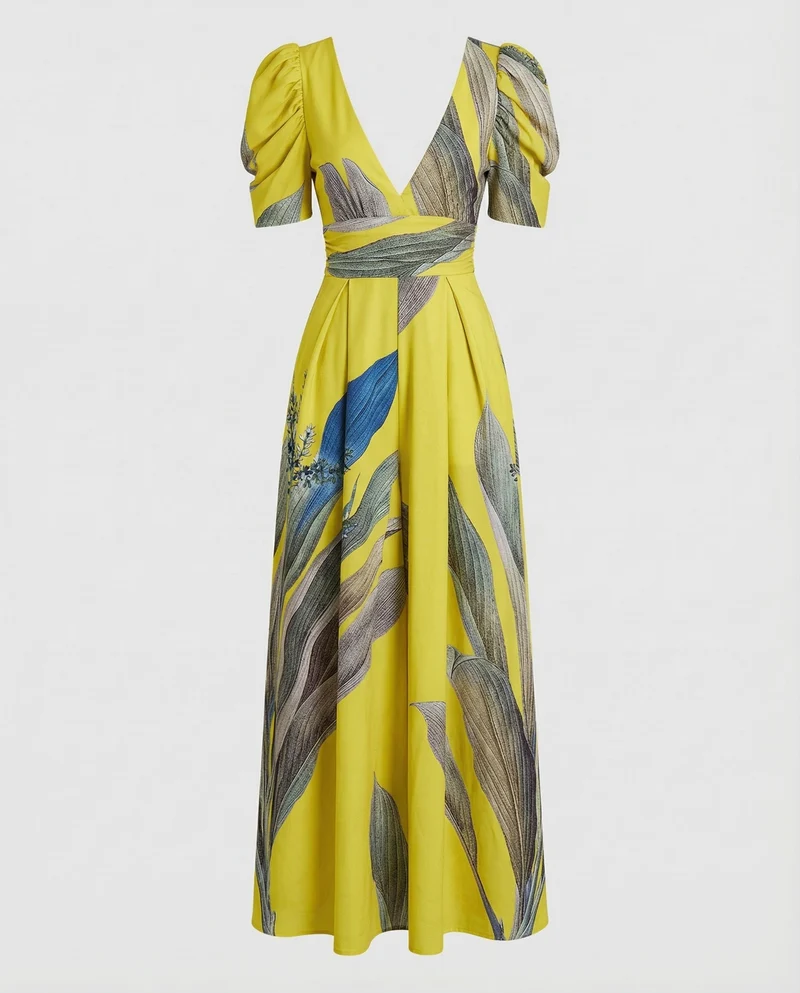Damen nan Wickel-Maxikleid mit V-Ausschnitt, Puffärmeln, taillierter Drapierung und Eingrifftaschen Nord Taschen