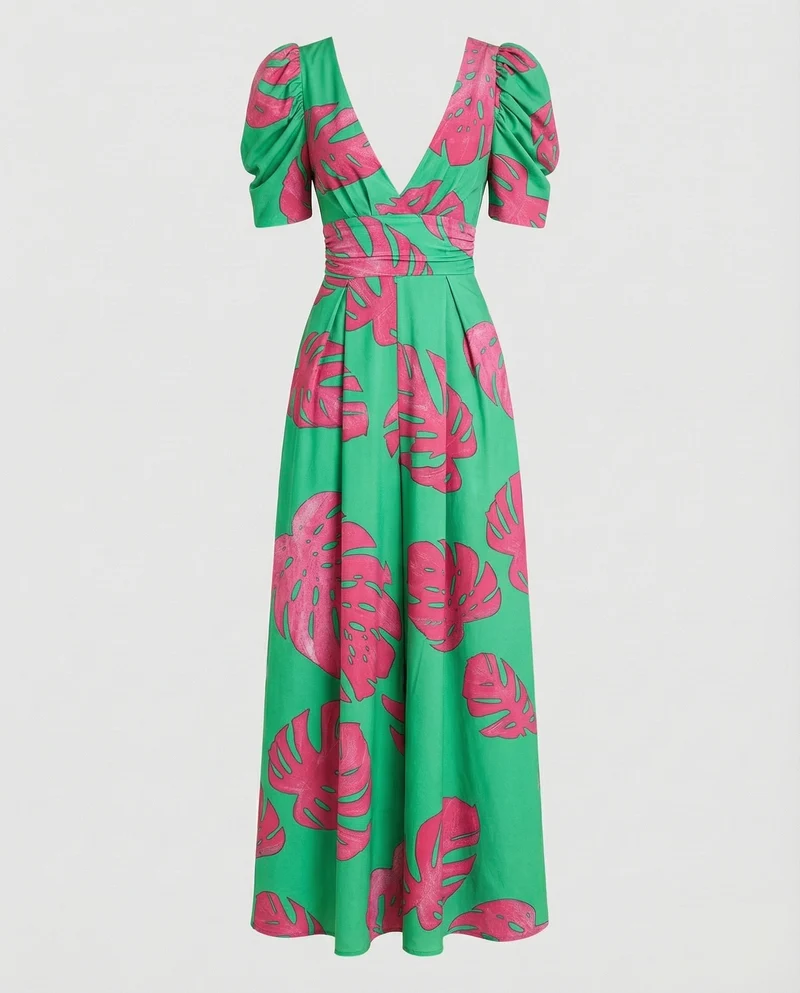 Damen nan Wickel-Maxikleid mit V-Ausschnitt, Puffärmeln, taillierter Drapierung und Eingrifftaschen Nord Taschen
