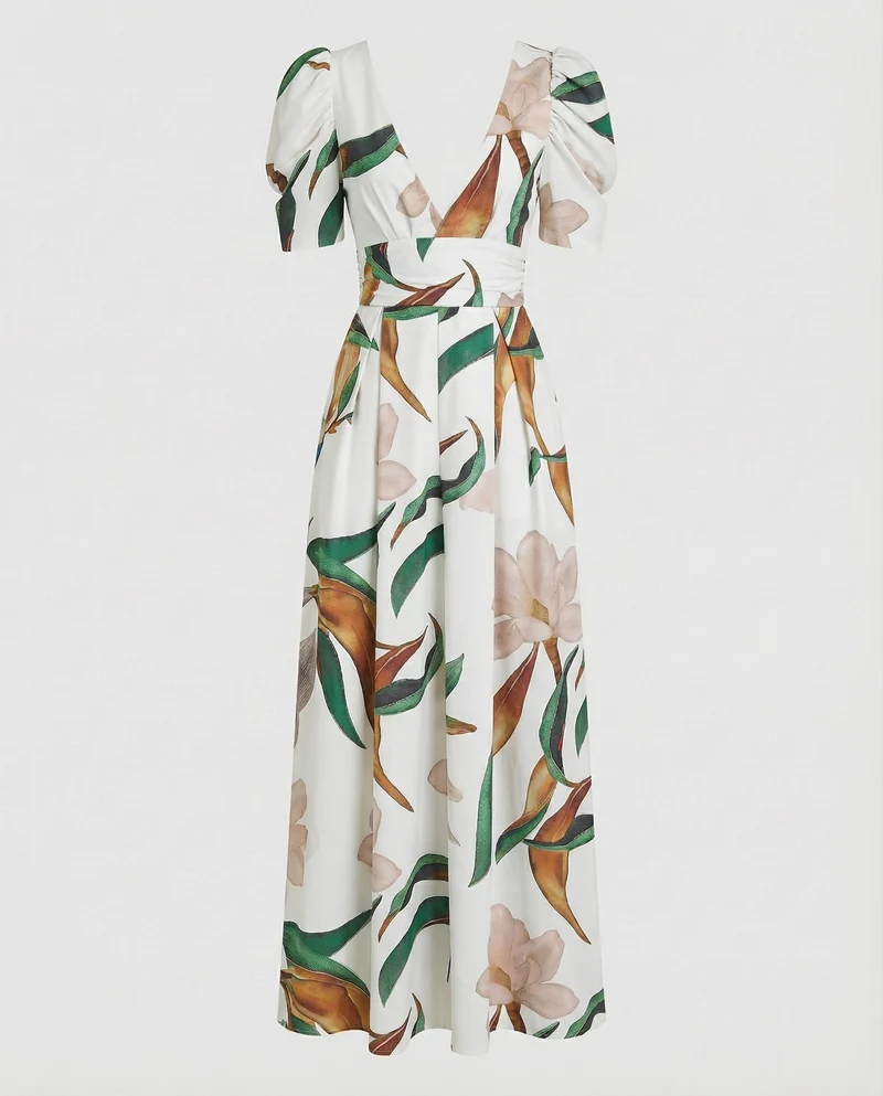 Damen nan Wickel-Maxikleid mit V-Ausschnitt, Puffärmeln, taillierter Drapierung und Eingrifftaschen Nord Taschen