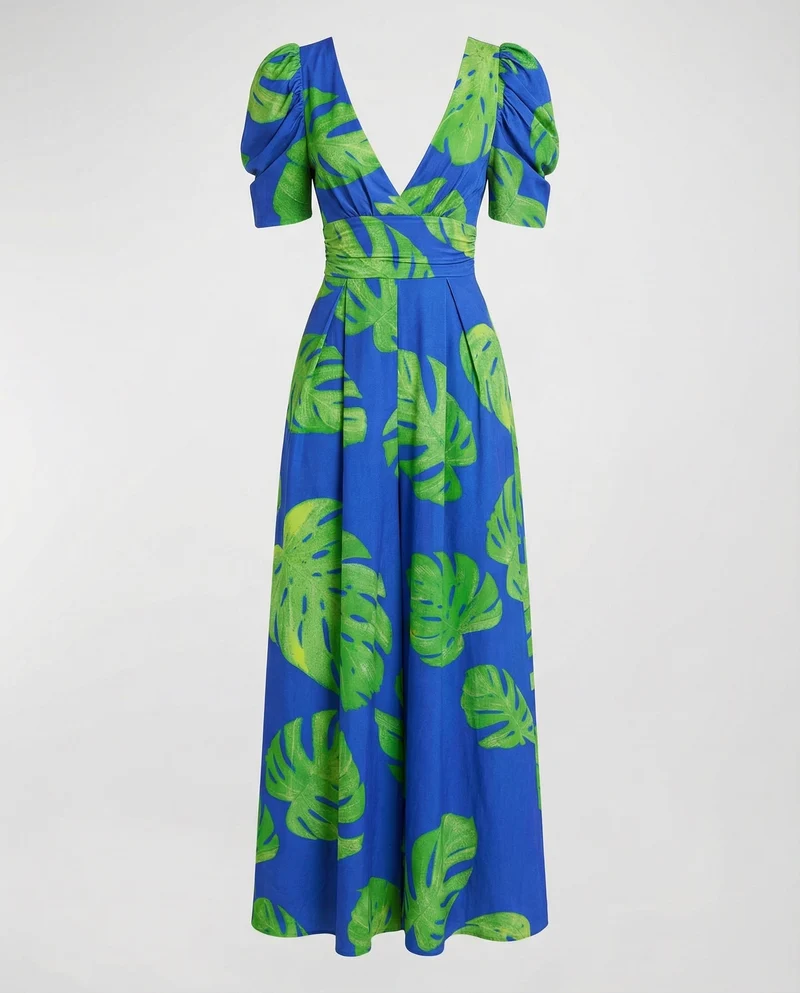 Damen nan Wickel-Maxikleid mit V-Ausschnitt, Puffärmeln, taillierter Drapierung und Eingrifftaschen Nord Taschen