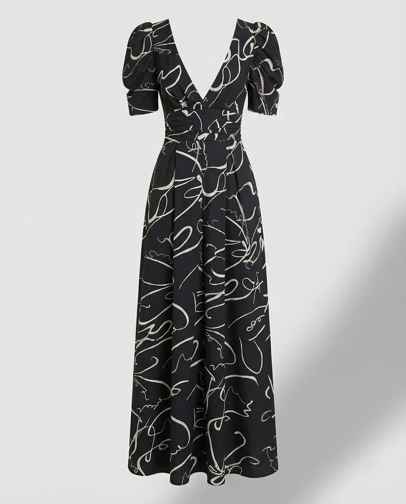 Damen nan Wickel-Maxikleid mit V-Ausschnitt, Puffärmeln, taillierter Drapierung und Eingrifftaschen Nord Taschen