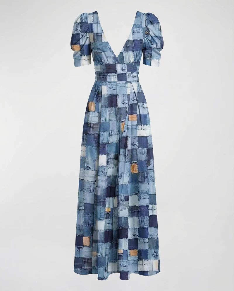 Damen nan Wickel-Maxikleid mit V-Ausschnitt, Puffärmeln, taillierter Drapierung und Eingrifftaschen Nord Taschen