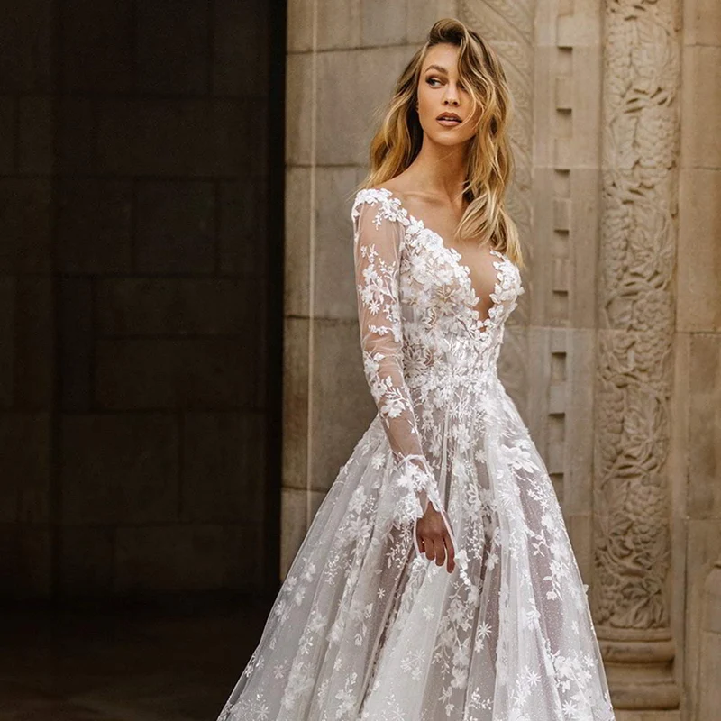 Damen Elegantes Hochzeitskleid mit floralen Spitzenapplikationen und tiefem V-Ausschnitt