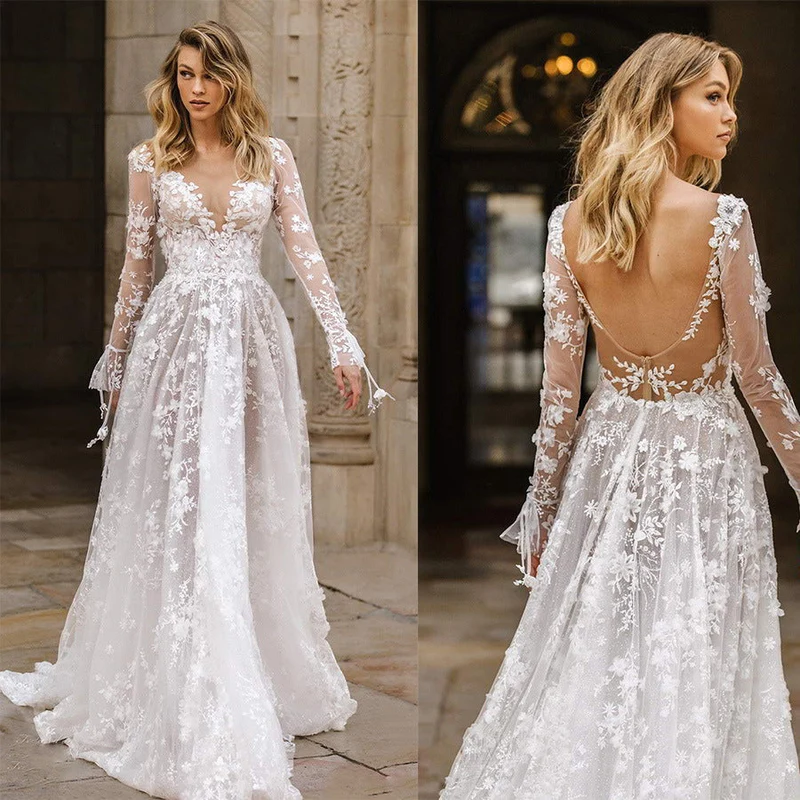 Damen Elegantes Hochzeitskleid mit floralen Spitzenapplikationen und tiefem V-Ausschnitt