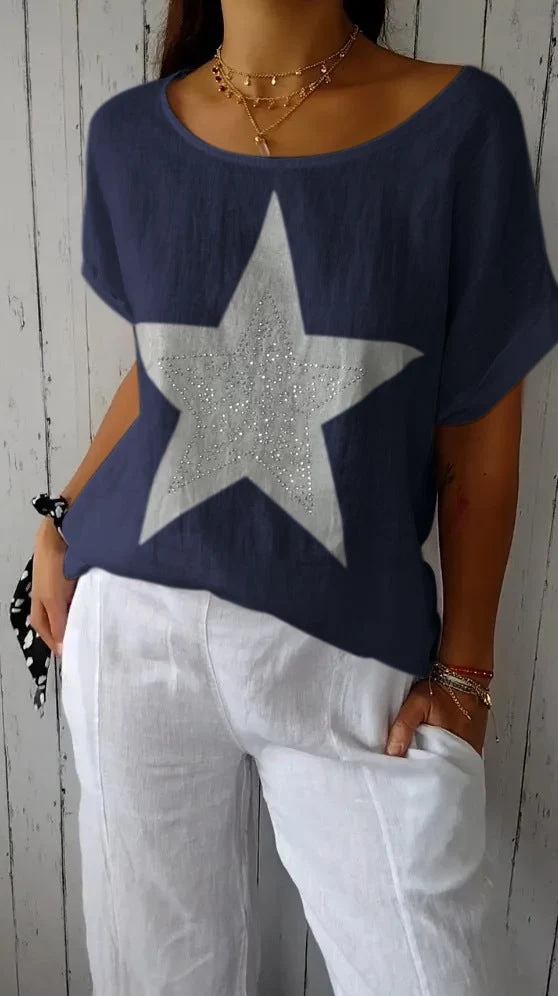Damen lässiges Leinenoberteil mit glitzerndem Sternmotiv Nord Taschen