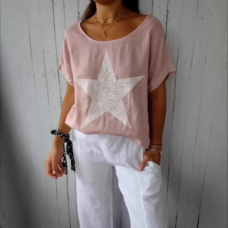 Damen lässiges Leinenoberteil mit glitzerndem Sternmotiv Nord Taschen