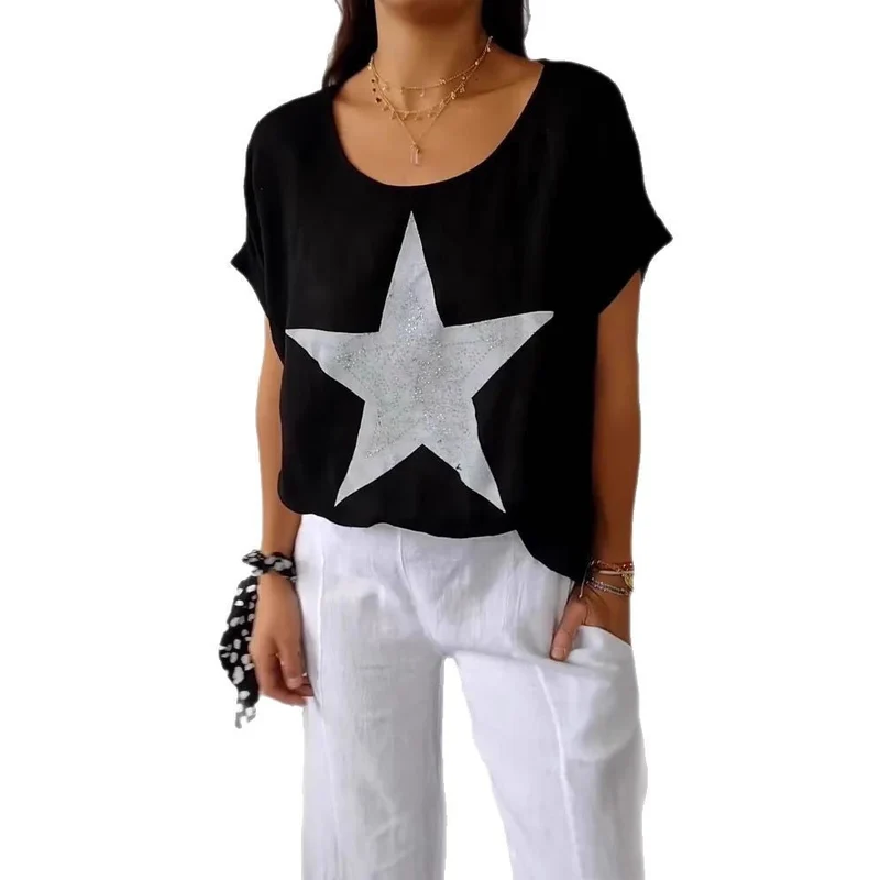 Damen lässiges Leinenoberteil mit glitzerndem Sternmotiv Nord Taschen