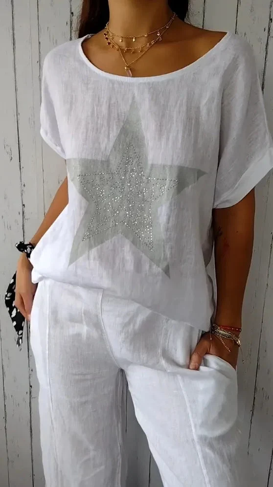 Damen lässiges Leinenoberteil mit glitzerndem Sternmotiv Nord Taschen