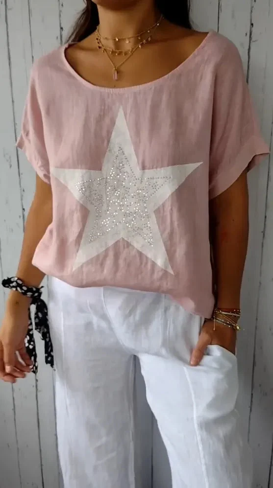 Damen lässiges Leinenoberteil mit glitzerndem Sternmotiv Nord Taschen