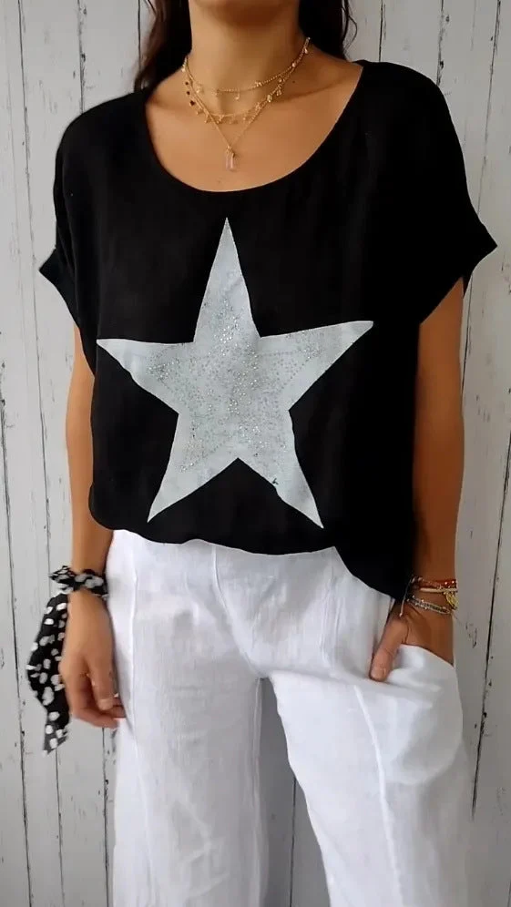 Damen lässiges Leinenoberteil mit glitzerndem Sternmotiv Nord Taschen