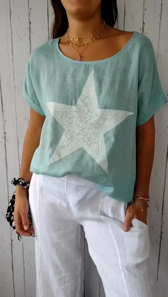 Damen lässiges Leinenoberteil mit glitzerndem Sternmotiv Nord Taschen