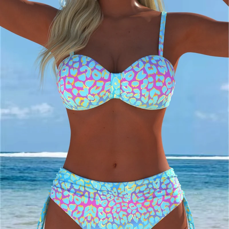 Damen Bikini-Set mit modischem geometrischem Muster und hohen Schnittformen