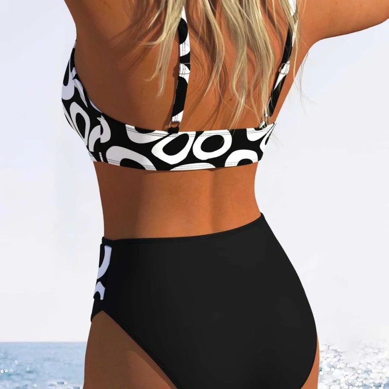 Damen Bikini-Set mit modischem geometrischem Muster und hohen Schnittformen