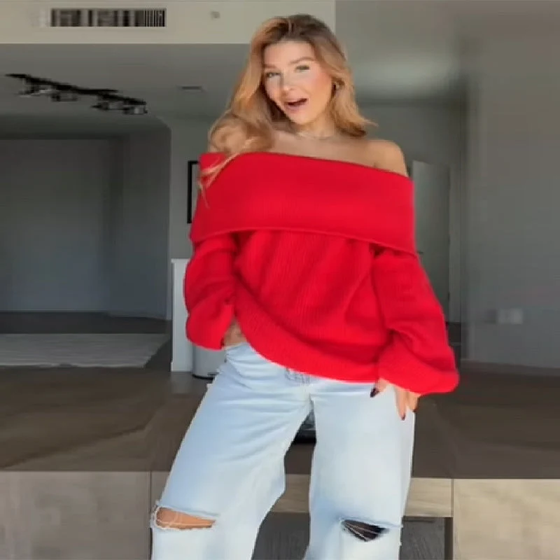 Damen Oversized Strickkleid mit schulterfreier Form und langen Ärmeln