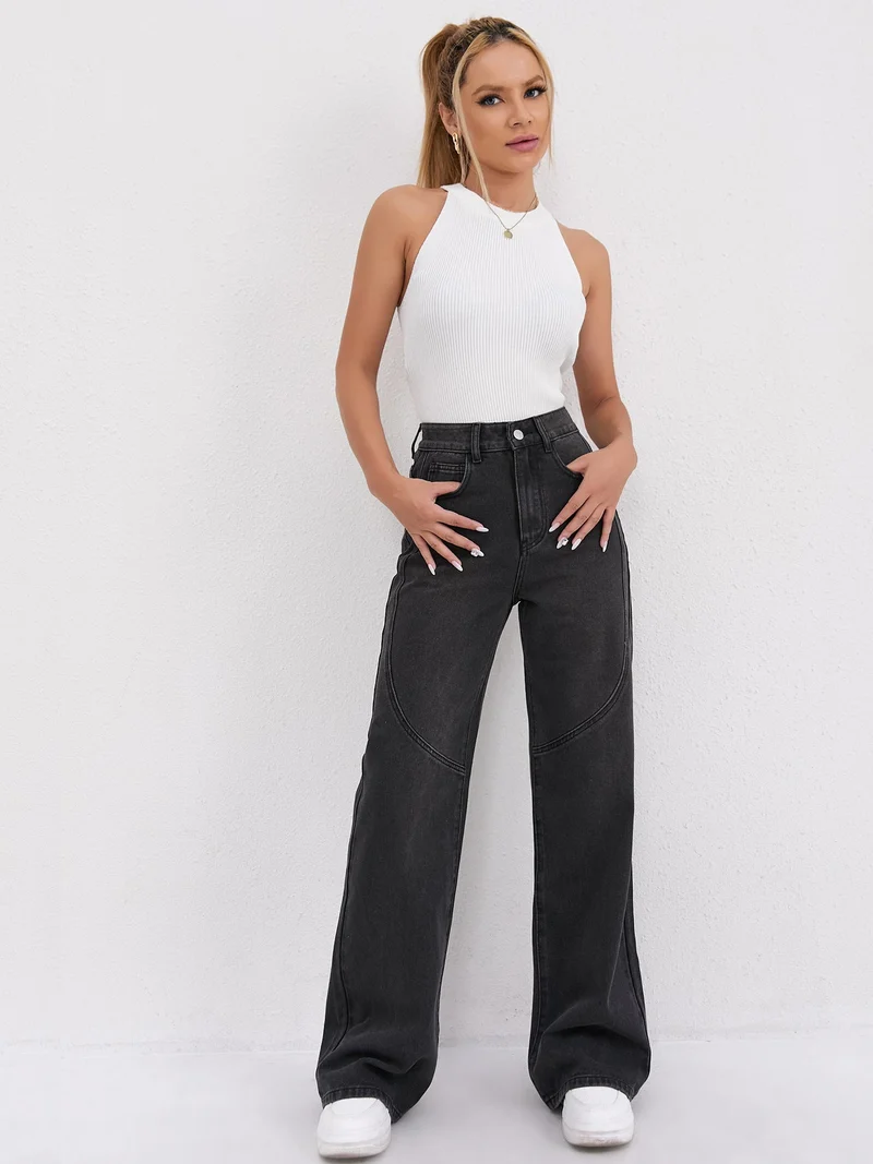 Damen Weite Hochtaillen-Jeans mit einzigartigen Nahtdetails und lässigem Schnitt Nord Taschen