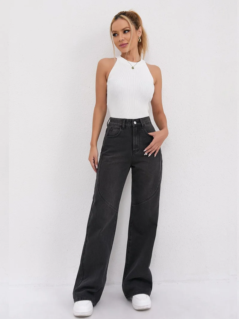 Damen Weite Hochtaillen-Jeans mit einzigartigen Nahtdetails und lässigem Schnitt Nord Taschen