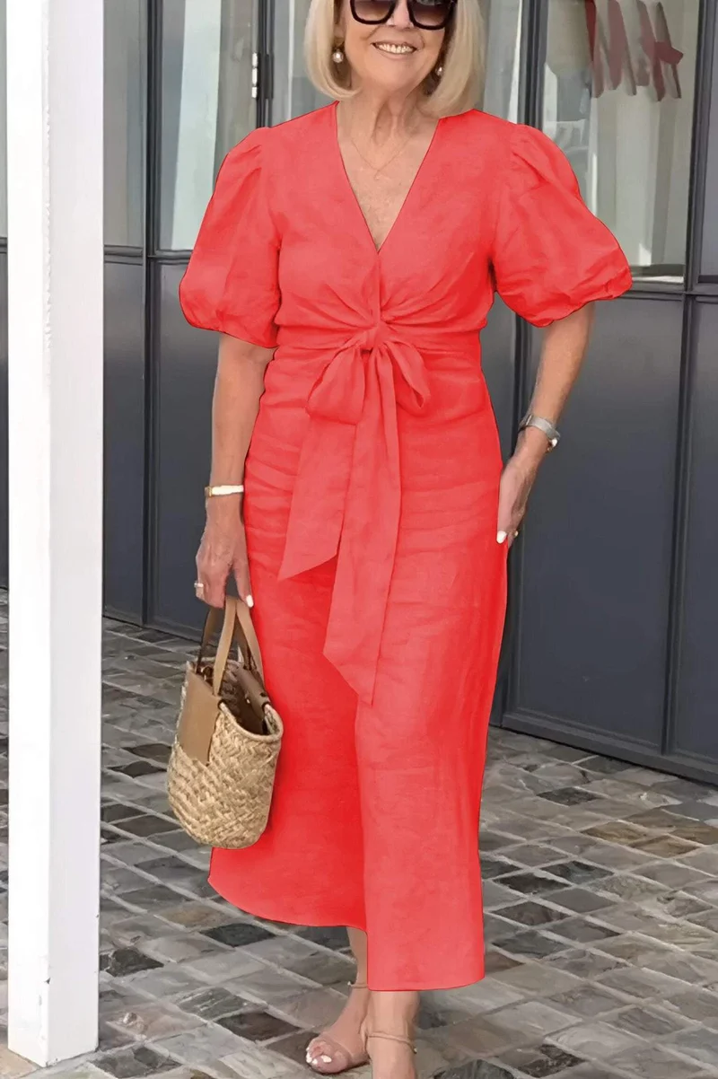 Damen Maxikleid mit eleganten Puffärmeln und Taillenknoten