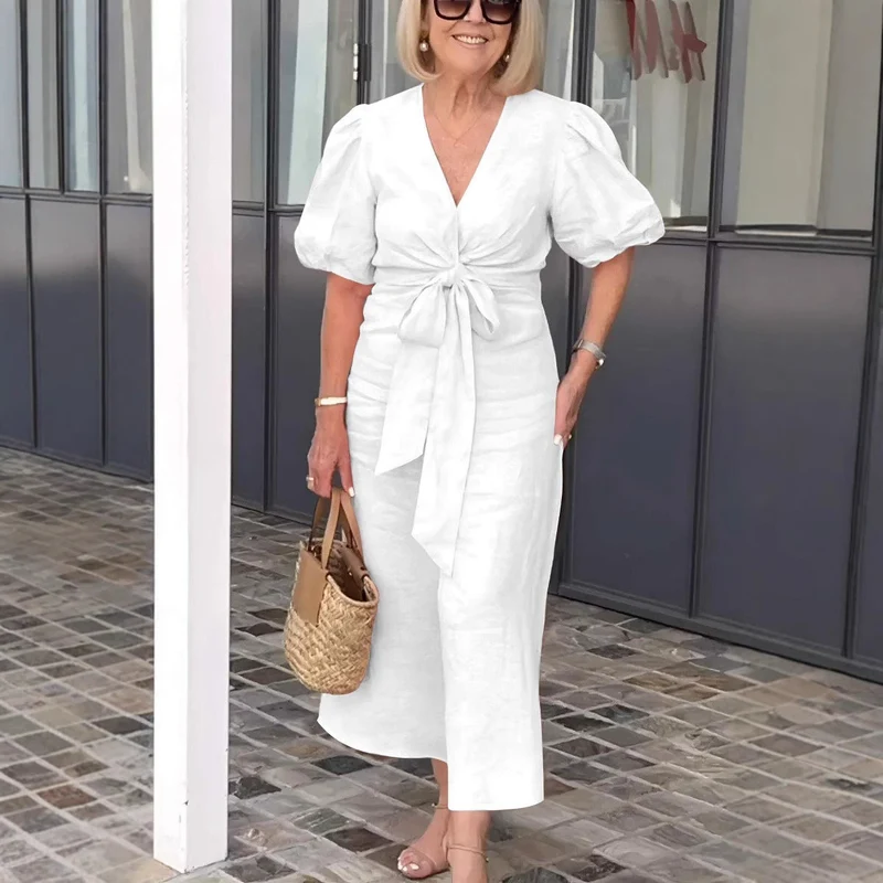 Damen Maxikleid mit eleganten Puffärmeln und Taillenknoten